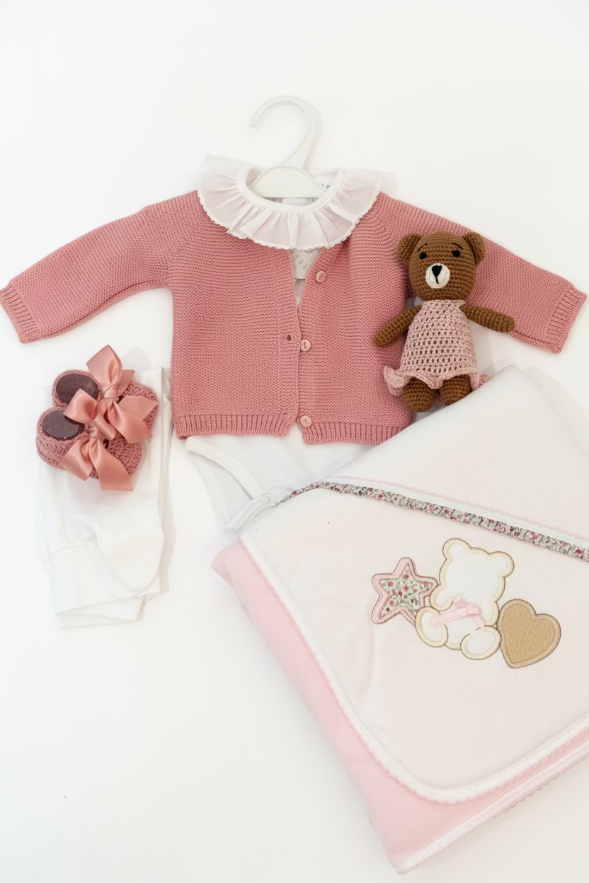Kit Casaco + Manta + Body com Colante + Carapins + Boneco de Crochê